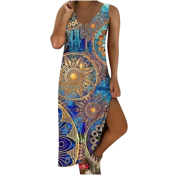 JINMGG 2026 Summer Dresses under $10.00 Women Casual Plus Size Print V-neck Pockets Sleeveless Maxi Long Dress