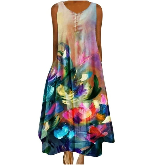 JINMGG 2024 Summer Clearance Dresses under $10.00 Women Fashion Printed Casual Gradient O-Neck Sleeveless Plus Size Long Dress
