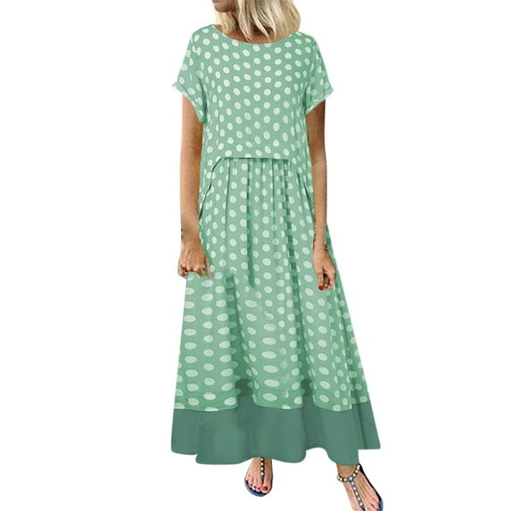 JINMGG 2024 Summer Clearance Dresses under $10.00 Women Polka Dot Fake Two Pieces Round Neck Short Sleeve Summer Plus Size Maxi Dress