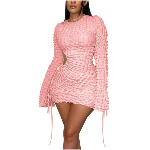 JINMGG 2024 Summer Clearance Dresses under $10.00 Women's Fashion Casual Long Sleeves Pagoda Sleeve Tie Hollow-out Wrap The Buttocks Dress