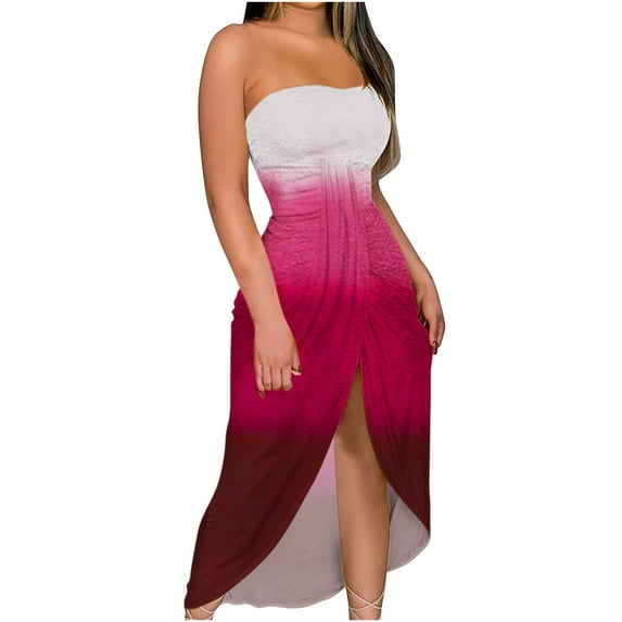 JINMGG 2024 Summer Clearance Dresses under $10.00 Women's Summer Print Strapless Long Dress Beach Split Dress Party Club Dress