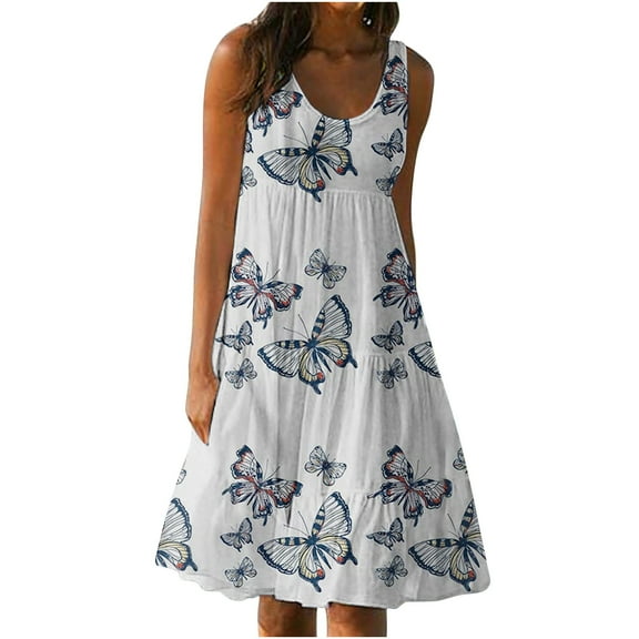 JINMGG 2026 Summer Dresses under $10.00 Womens Fashion Holiday Summer Print Round Neck Sleeveless Party Beach Dress
