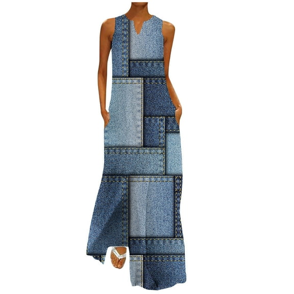 JINMGG 2026 Summer Plus size Dresses for Women under $10,Fashion Women Casual Summer Pockets Print Sleeveless V-neck Mid Calf Dress