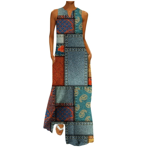 JINMGG 2026 Summer Plus size Dresses for Women under $10,Fashion Women Casual Summer Pockets Print Sleeveless V-neck Mid Calf Dress