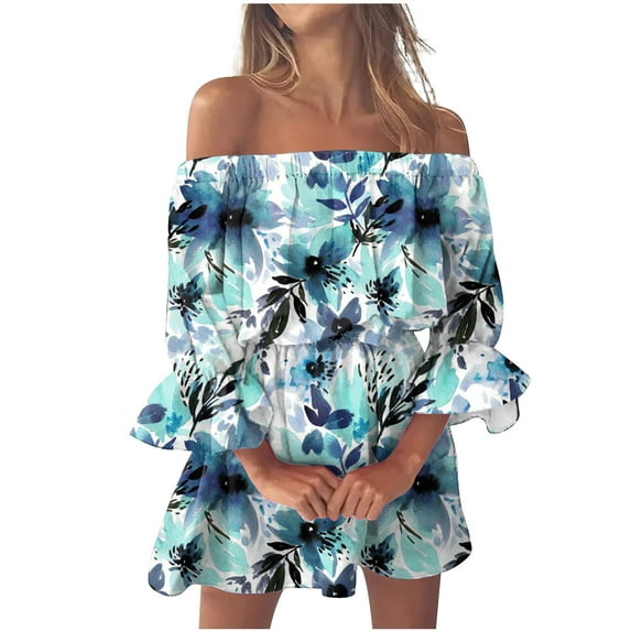 JINMGG 2024 Summer Plus size Clearance Dresses for Women under $10,Fashion Women's Summer Casual Off Shoulder Printing Bell Sleeve Dresses