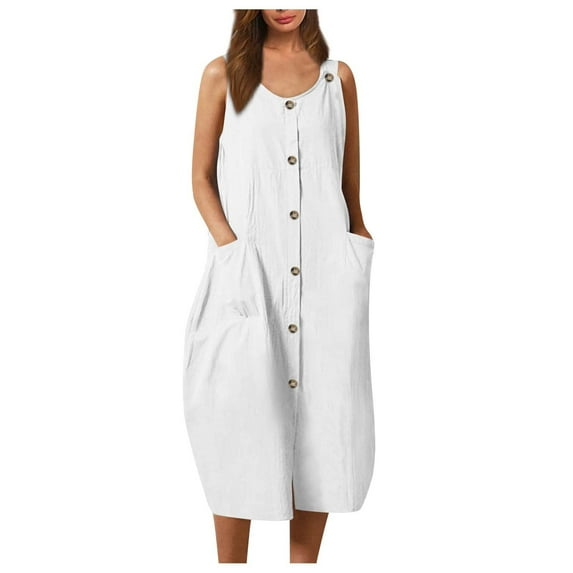 JINMGG 2026 Summer Plus size Dresses for Women under $10,Women's Fashion Round-Neck Sleeveless Solid Pockets Suspenders Dress