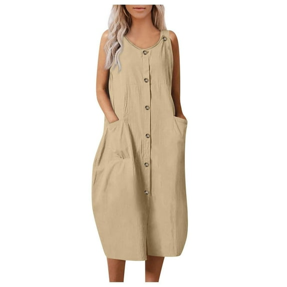 JINMGG 2026 Summer Plus size Dresses for Women under $10,Women's Fashion Round-Neck Sleeveless Solid Pockets Suspenders Dress