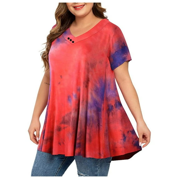 JINMGG 2024 Womens Plus Size Clearance Women Plus Size Tops Tie-dye Print Short Sleeve V-neck Blouse Pleated Hem Shirt Red XXXL