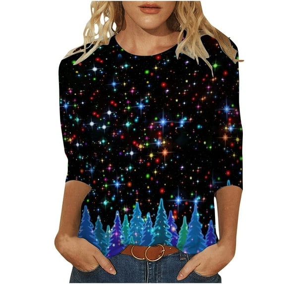 JINMGG Christmas Clearance under $5.00, Fall Womens Tops Women's Fashion Christmas PrintLoose T-Shirt 3/4 Sleeves Blouse Round Neck Casual Tops