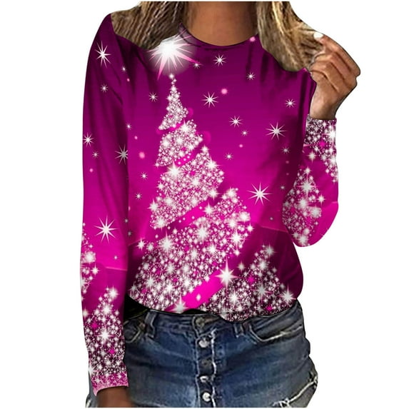 JINMGG Christmas Tops for Women, Long Blouses for Women Women's Fashion Loose Long Sleeve Round-Neck Blouse Christmas Printing T-Shirt Tops
