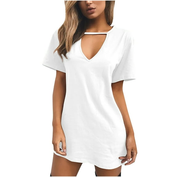 JINMGG Dresses under $10.00 Fashion Women Casual Short Sleeve V-Neck Solid Ladies Hollow Out Mini Dress White S