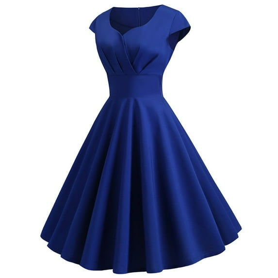 JINMGG Dresses under $10.00 Fashion Women Zipper V-Neck Solid Color Full Swing Short-Sleeved Dress Blue L