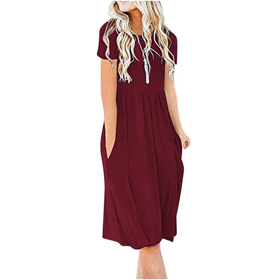 JINMGG Dresses under $10.00 Fashion Women's Casual Women Short Sleeve Round Neck Pockets Solid Ladies Dress Wine M
