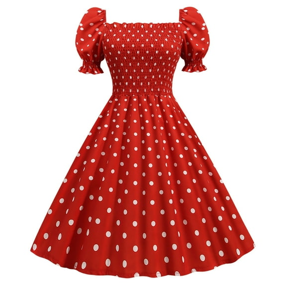 JINMGG Dresses under $10.00 Fashion Womens A Line Flare Vintage Dress Prom Swing Short Sleeve Polka Dot Printing Party Dress Red L