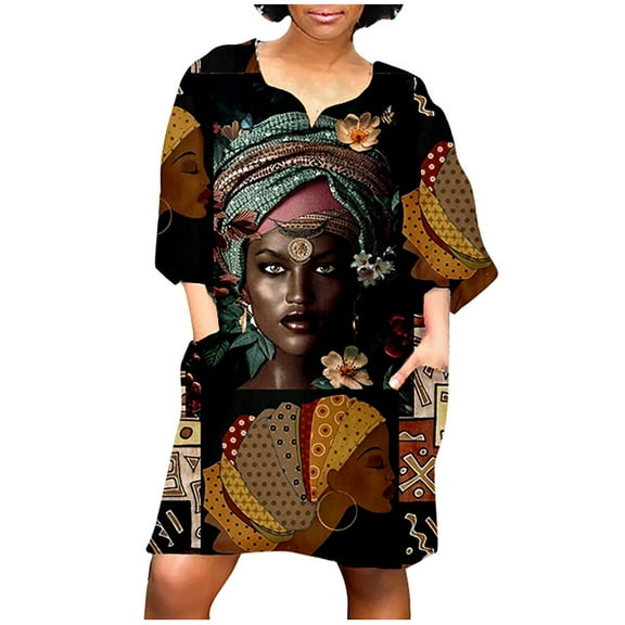 JINMGG Dresses under $10.00 Women Fashion African Vintage Print Middle Sleeve V Neck Casual Mini Dress Black XXXXXL