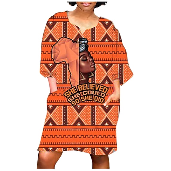 JINMGG Dresses under $10.00 Women Fashion African Vintage Print Middle Sleeve V Neck Casual Mini Dress Orange XXL