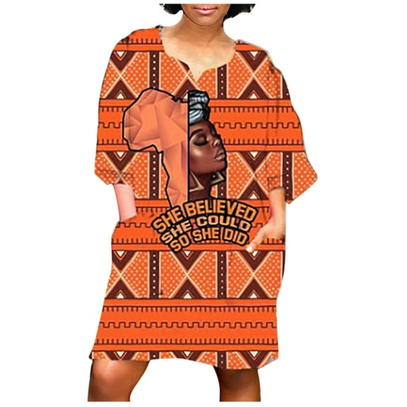 JINMGG Dresses under $10.00 Women Fashion African Vintage Print Middle Sleeve V Neck Casual Mini Dress Orange XXL