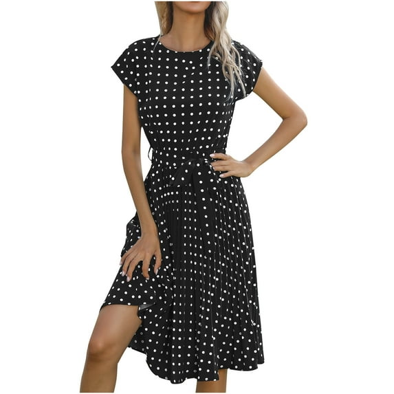 JINMGG Clearance Dresses under $10.00 Women Fashion Dot Print Short Sleeve V-Neck Casual Sundress Dress Black M