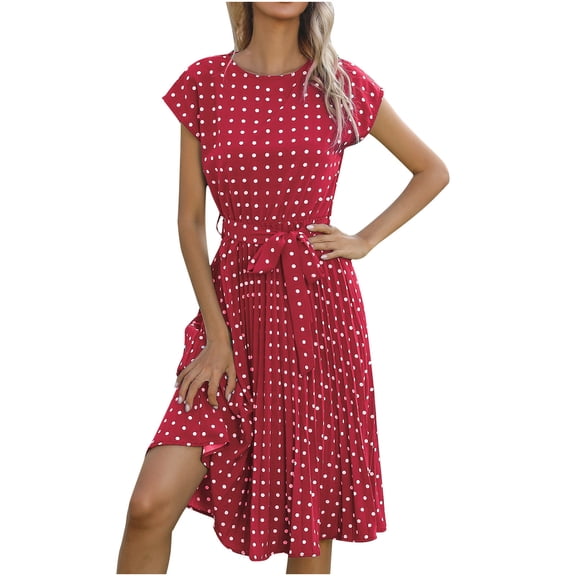 JINMGG Dresses under $10.00 Women Fashion Dot Print Short Sleeve V-Neck Casual Sundress Dress Wine XL