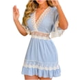 thumbnail image 1 of JINMGG Dresses under $10.00 Women Fashion Ruffles Crochet Lace Patch Shirring Detail Floral Print Dress Light blue XL, 1 of 9
