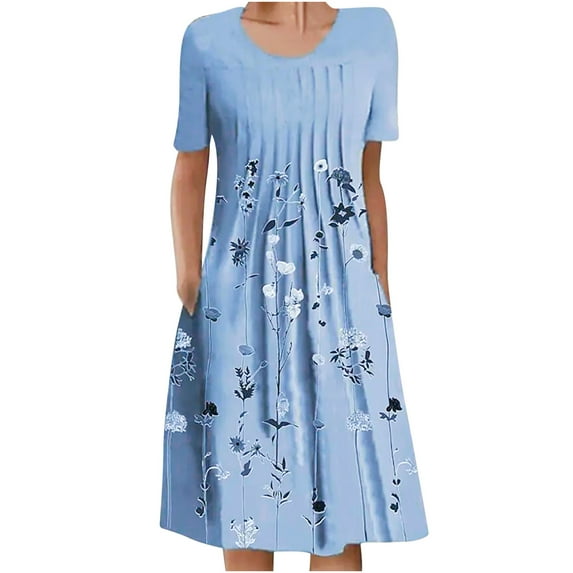 JINMGG Dresses under $10.00 Women's Summer Casual Round Neck Short Sleeve Folding Floral Printed Dresses Blue XXL