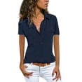 thumbnail image 1 of JINMGG Clearance ,Women Casual Solid Short Sleeve Turn Down Collar Pockets Buttons Shirt Tops,Navy XXL, 1 of 1