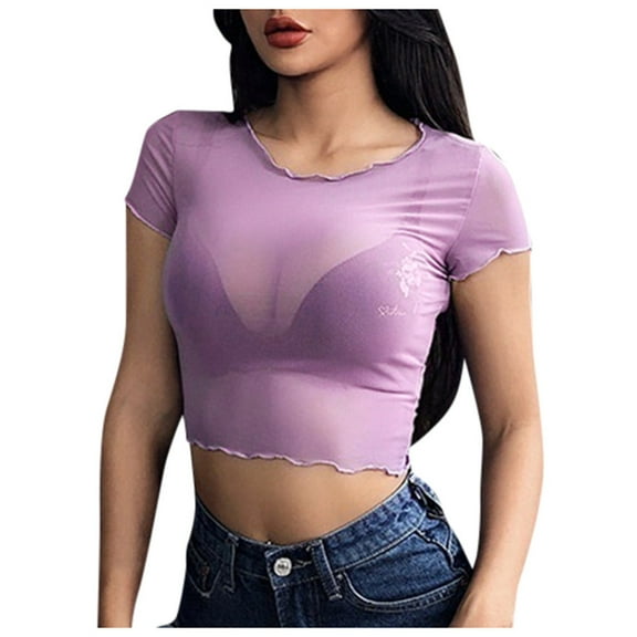 JINMGG,Women's Sheer Mesh See-Through Short Sleeve Crop Tops Casual T Shirt,Purple L