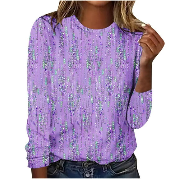 JINMGG Womens Tops,Fashion Women Casual Long Sleeve Printing Round Neck Loose T-Shirt Blouse Tops,Purple XXL