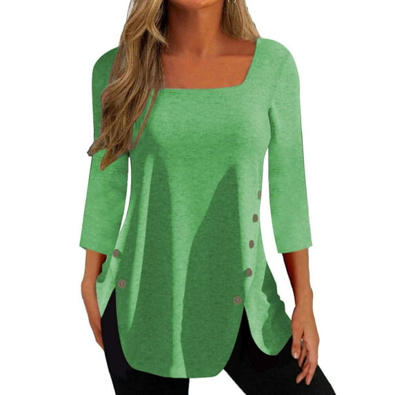 JINMGG Womens Tops,Fashion Women Solid T-Shirt Mid-length 3/4 Sleeves Blouse Round Neck Casual Tops,Green L