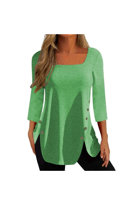 JINMGG Womens Tops,Fashion Women Solid T-Shirt Mid-length 3/4 Sleeves Blouse Round Neck Casual Tops,Green S