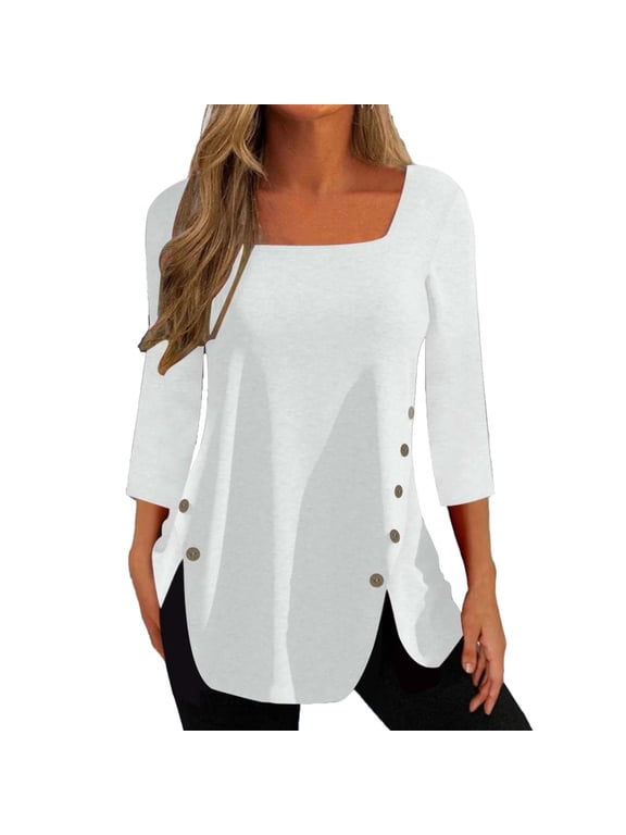 JINMGG Womens Tops,Fashion Women Solid T-Shirt Mid-length 3/4 Sleeves Blouse Round Neck Casual Tops,White M
