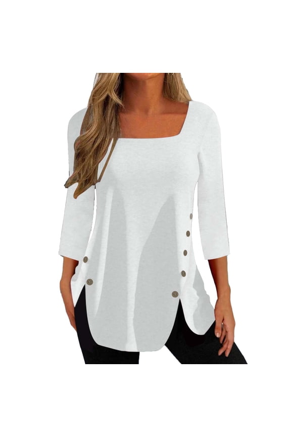 JINMGG Womens Tops,Fashion Women Solid T-Shirt Mid-length 3/4 Sleeves Blouse Round Neck Casual Tops,White M