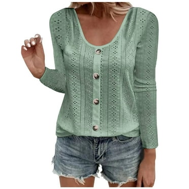 JINMGG Clearance Womens Tops,Fashion Women's Button Round-Neck Long Sleeve Solid Casual T-Shirt Blouse,Green M