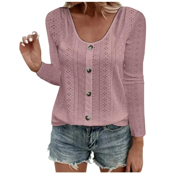 JINMGG Womens Tops,Fashion Women's Button Round-Neck Long Sleeve Solid Casual T-Shirt Blouse,Pink XXL