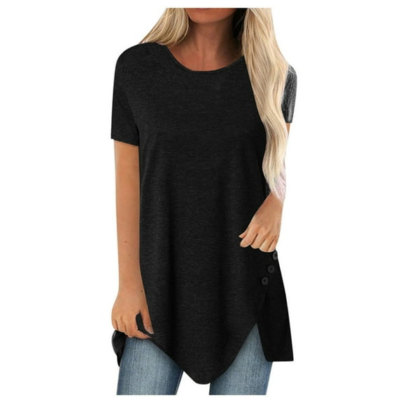 JINMGG Womens Tops,Women Button Solid 0-Neck Short Sleeve Irregular T-Shirt Blouse Tops,Black M