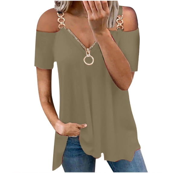 JINMGG Clearance Womens Tops,Women Solid V-neck Short Sleeve Strapless T Shirt Polluver Blouse Tank Tops,Green XL