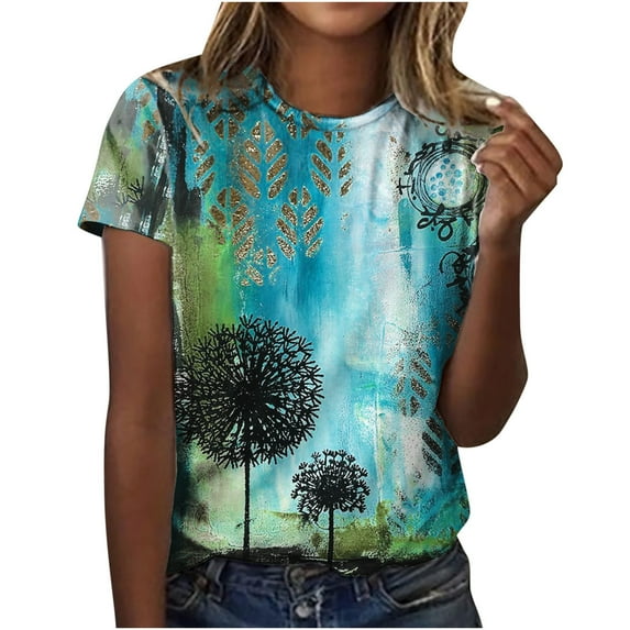 JINMGG Clearance Womens Tops,Women's Casual Loose Floral Print Crewneck Printed Short Sleeve T-Shirt Tops,Blue XL