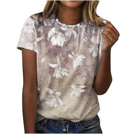 JINMGG Clearance Womens Tops,Women's Casual Loose Floral Print Crewneck Printed Short Sleeve T-Shirt Tops,Khaki L