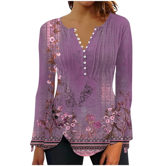 Omexry Womens Tops,Women's Fashion Casual Round Neck Long Sleeved Button Print Top Blouse,Purple L