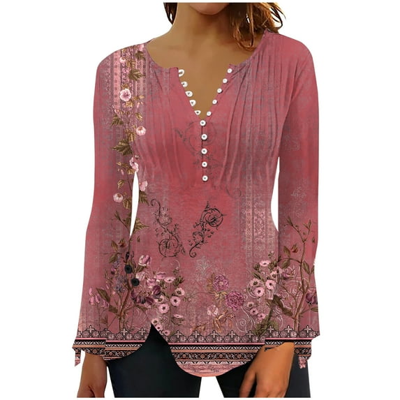 JINMGG Clearance Womens Tops,Women's Fashion Casual Round Neck Long Sleeved Button Print Top Blouse,Red M