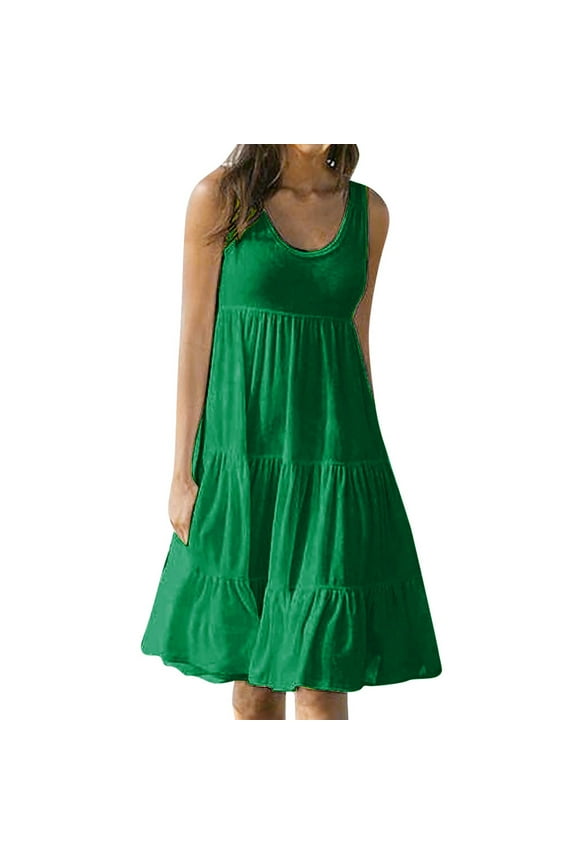 JINMGG Womens Tops,Women's Fashion Holiday Summer Solid Color Sleeveless Party Beach Dress Green L