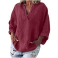 thumbnail image 1 of JINMGG Womens Tops,Women's Fashion Solid Color Tops Long Sleeved Loose Cotton and Linen Loose Shirt Blouse V-Neck Casual Tops,Wine XXL, 1 of 7
