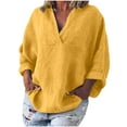 thumbnail image 1 of JINMGG Clearance Womens Tops,Women's Fashion Solid Color Tops Long Sleeved Loose Cotton and Linen Loose Shirt Blouse V-Neck Casual Tops,Yellow M, 1 of 7