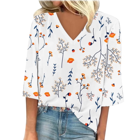 JINMGG Womens Tops,Women's Fashion V-Neck Three Quarter 3/4Sleeve T Shirt AutumnBlouse Tops Sweatshirt,Beige L