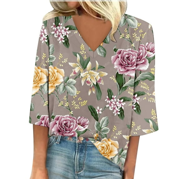 JINMGG Womens Tops,Women's Fashion V-Neck Three Quarter 3/4Sleeve T Shirt AutumnBlouse Tops Sweatshirt,Khaki L