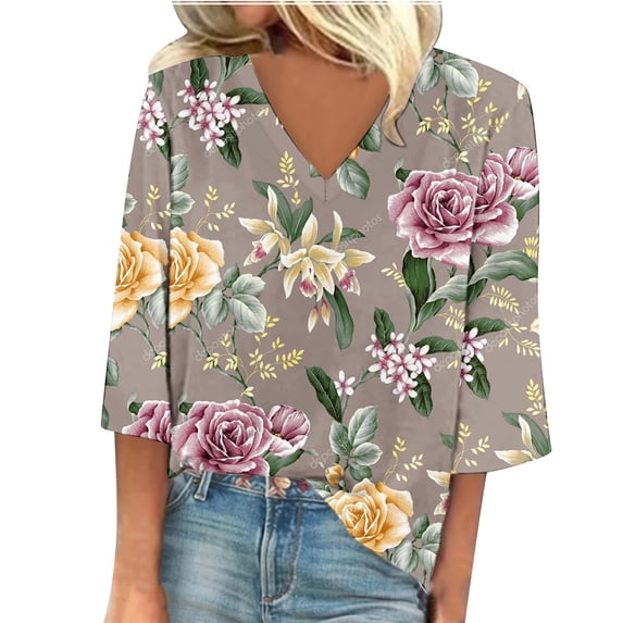 JINMGG Womens Tops,Women's Fashion V-Neck Three Quarter 3/4Sleeve T Shirt AutumnBlouse Tops Sweatshirt,Khaki S