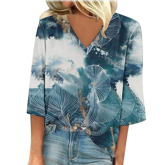 JINMGG Womens Tops,Women's Fashion V-Neck Three Quarter 3/4Sleeve T Shirt AutumnBlouse Tops Sweatshirt,Navy XXXL
