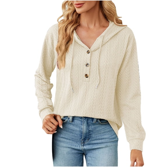JINMGG Clearance Womens Tops,Women's New Solid Hooded Button Loose Long Sleeve Tops Sweater,Beige XXL