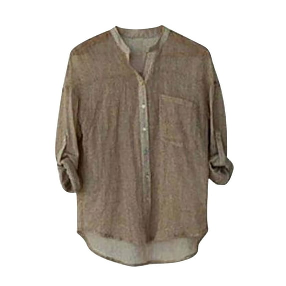 JINMGG Womens Tops,Women's Solid Cotton and Linen 3/4 3/4 Sleeve Tops Button Cardigan V-Neck Tops/Shirt,Khaki XL