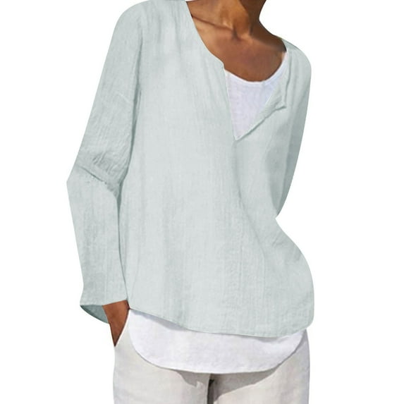 JINMGG Womens Tops,Women's Solid V-neck Button Casual Loose Fitting Cotton Linen Long Sleeved Top/shirt,Light Blue XXXXXL